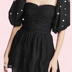 Sundress Black Mini‎ Dress | Silver Sequin Puff Sleeves | Ruched | Size XS/S